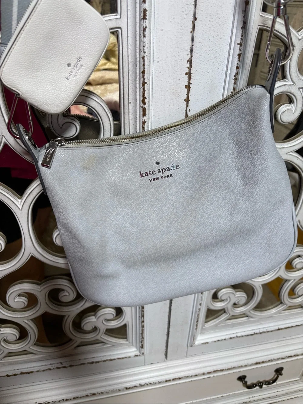 kate spade Pale Gray Pebbled Leather Shoulder Bag with Striped Strap